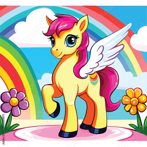 Whimsical Cartoon Pony With Rainbow Background Colorful Illustration For Childrens Books Posters And Fantasy Themed Designs