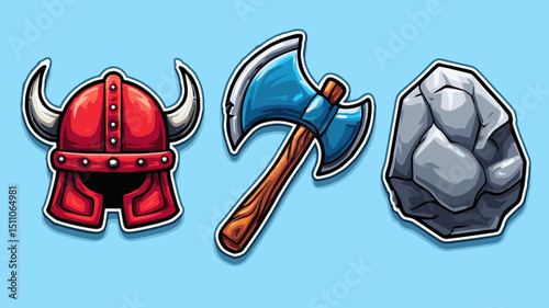 Medieval warrior equipment including a red helmet, an axe, and a stone displayed against a blue background