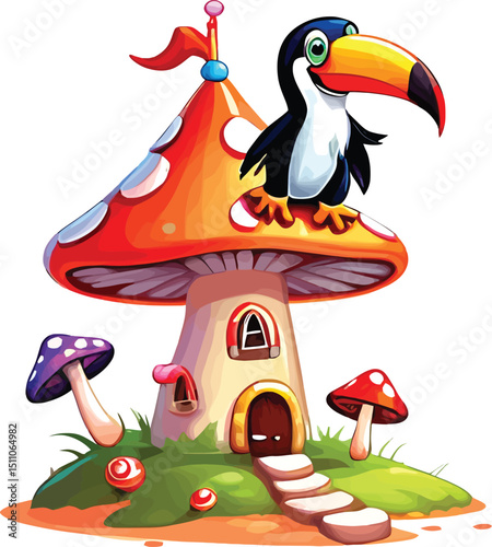 Whimsical Mushroom House Vector Art Cartoon Toucan Perched On Fantasy Home For Childrens Illustrations Storybooks And Fantasy Game Graphics