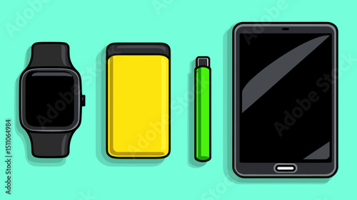 Essential tech items arranged on teal background including smartwatch, phone, battery pack, and stylus