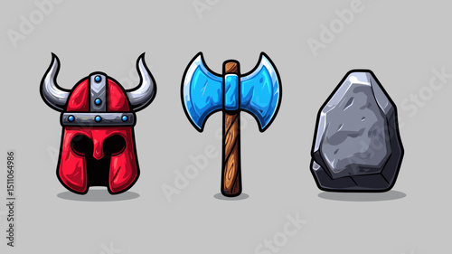 Viking warrior equipment featuring a red helmet, blue axe, and stone on a gray background