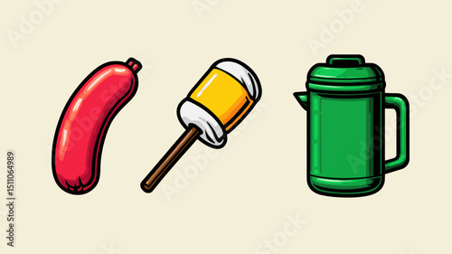 Colorful food items including a sausage, a corn dog, and a green beverage container on a light background