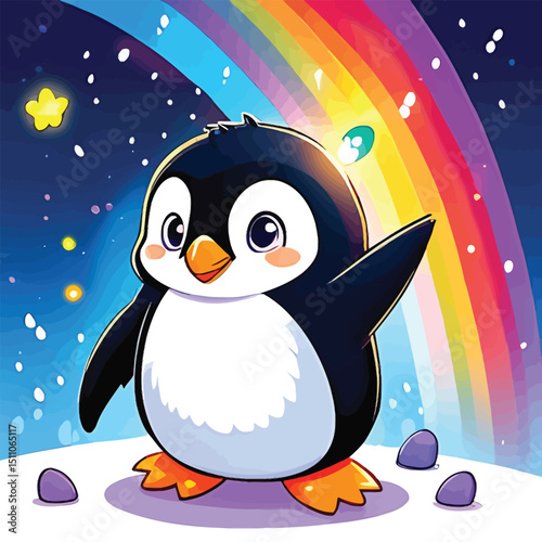 Cartoon Penguin With Rainbow Illustration Cheerful Vector For Kids Designs Educational Materials And Childrens Illustration