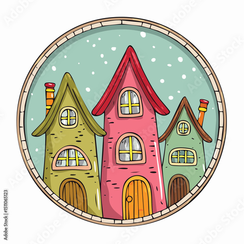 A vector of colorful cartoon houses arranged inside a circle, styled with bright candy colors on a clean background.