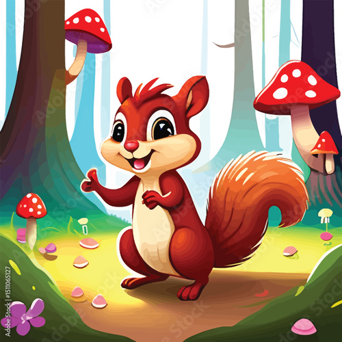 Cute Cartoon Squirrel In Forest Illustration Whimsical Animal Character For Childrens Books Educational Materials And Decorative Art Prints