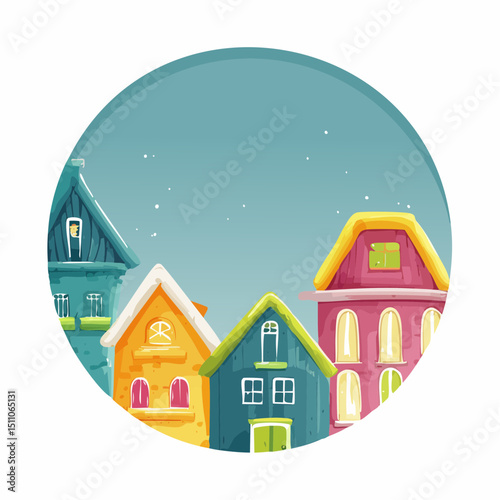 A vector of colorful cartoon houses arranged inside a circle, styled with bright candy colors on a clean background.