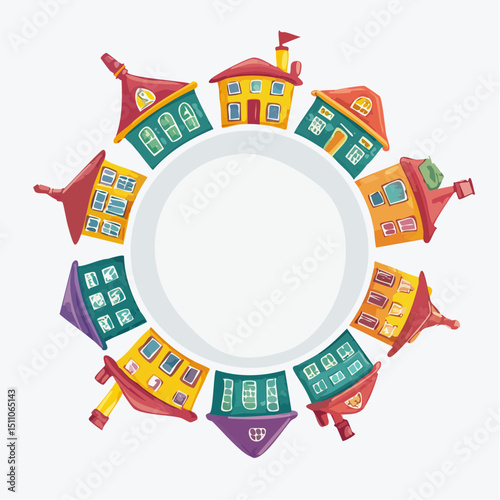 A vector of colorful cartoon houses arranged inside a circle, styled with bright candy colors on a clean background.