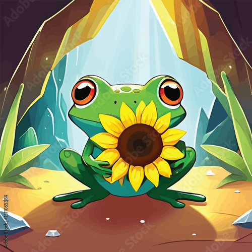 Cheerful Frog With Sunflower Cartoon Whimsical Illustration For Childrens Books Nursery Decor And Educational Materials Happy Amphibious Creature Holding A Flower In Bright Stylized Vector Art