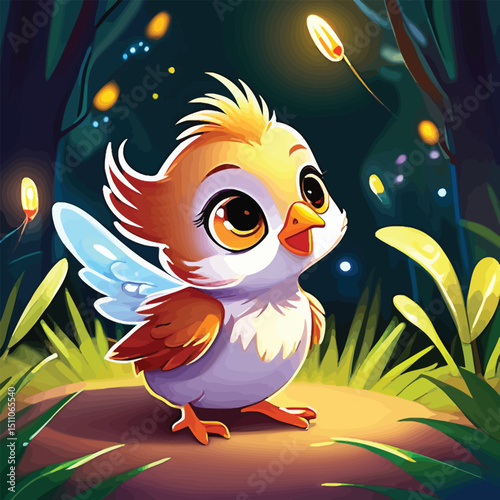 Enchanting Cartoon Chick Illustration Whimsical Vector Art For Childrens Books Magical Forest Scenes And Animated Storytelling With A Cute Baby Bird In A Dark Woodland Setting