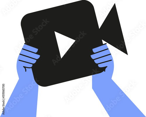 Video camera film movie recording filmmaking production media content hands play button digital cinema black vector art illustration