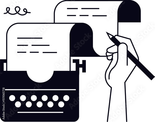 Illustration writing writer hand pen typewriter paper text document creative content blog article story 100 vector art illustration