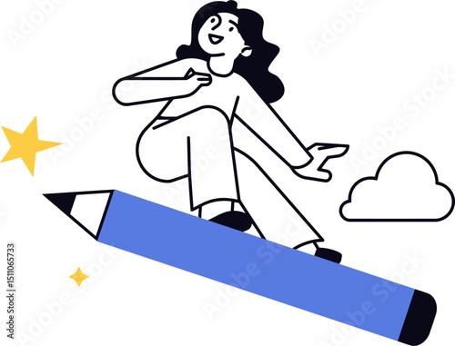 Illustration woman pencil writing creative design art drawing graphic inspiration imagination concept journey idea vector art illustration