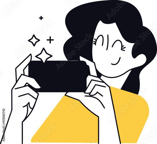Woman taking photo cell phone smartphone photography picture mobile device camera app social media content creator vector art illustration