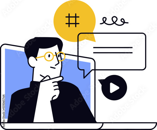 Man laptop thinking idea glasses hashtag video online content marketing digital strategy business concept vector art illustration