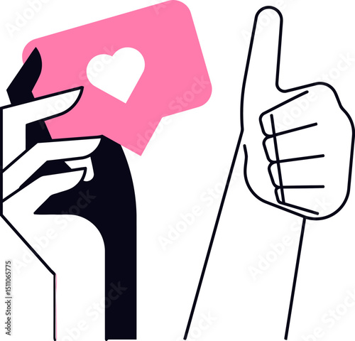 Hand like thumbs up heart social media love network connection communication feedback positive approval follow vector art illustration
