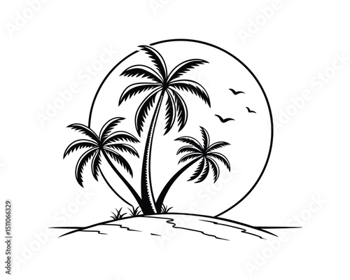 Tropical Island Scene with Palm Trees and Sunset
