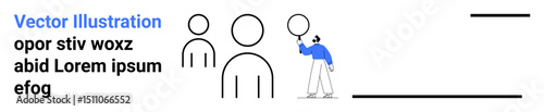 Person holding a balloon stands beside two outlined abstract figures. Ideal for team collaboration, inclusion, diversity, celebration, community connection, creativity, simple landing page