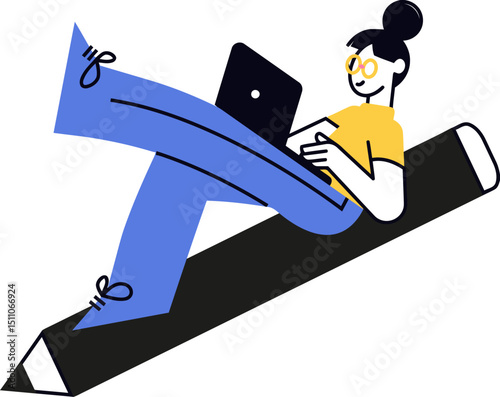 Illustration woman laptop pencil creative design writing article blog content marketing online education digital vector art illustration