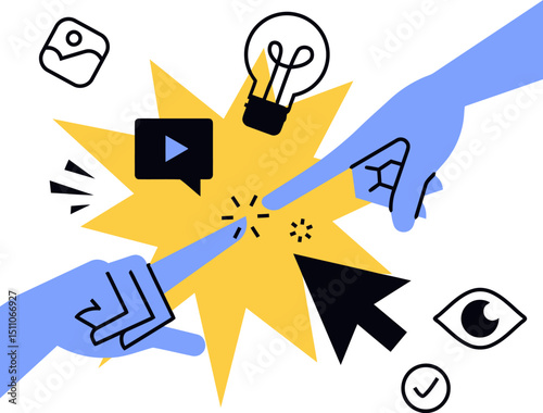 Business idea collaboration team innovation strategy startup teamwork project management hands pointing vector art illustration