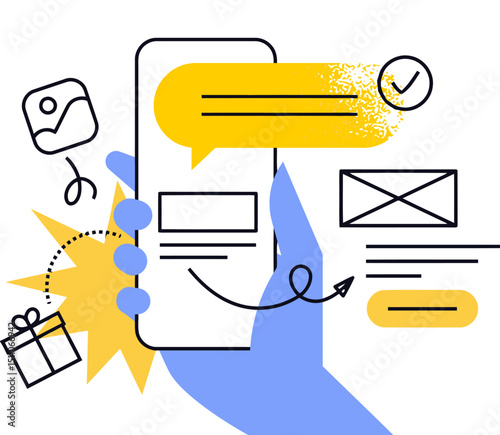 Mobile phone communication chat message texting hand holding device technology illustration design app vector art illustration