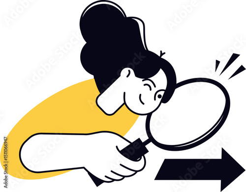 Illustration woman magnifying glass search research analysis discovery investigation finding exploring insight 100 vector art illustration