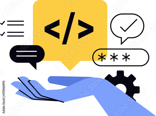 Code development programming software engineering coding application development technology design hand vector art illustration