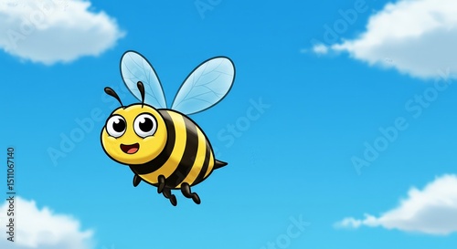 Cartoon bee flies cheerfully against a bright blue sky with fluffy white clouds on sunny day.