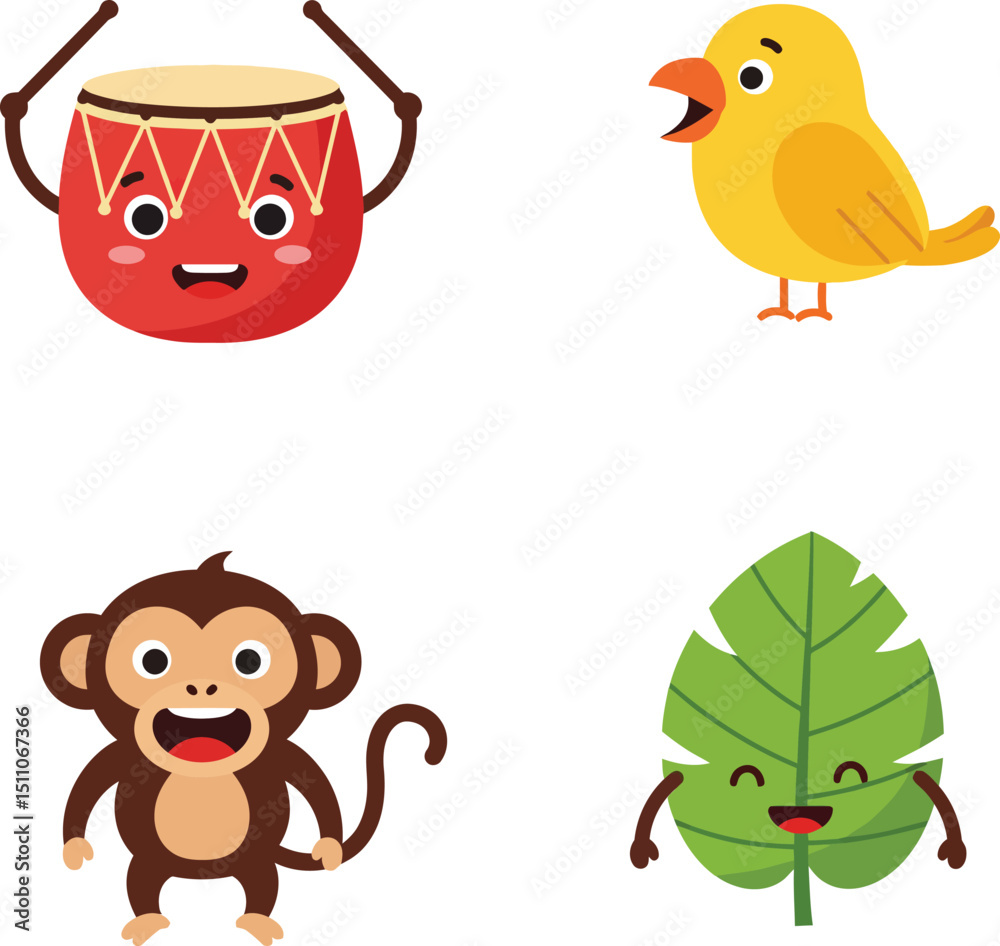 Fototapeta premium Cute smiling monkey, yellow bird, happy drum, and joyful leaf cartoon characters vector illustration