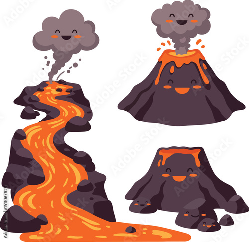 Cartoon volcanoes with flowing lava and smiling smoke clouds in cheerful volcanic eruption scenes vector illustration