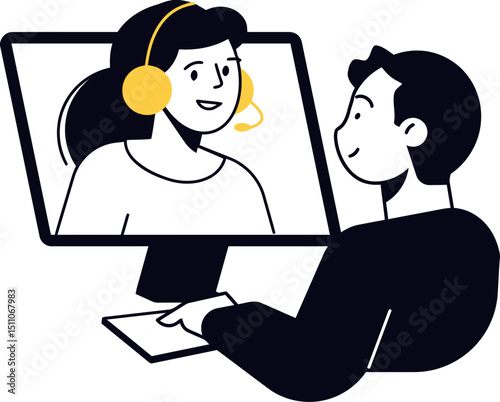 Online meeting conference call webinar video call communication support headset computer people work 100 vector art illustration