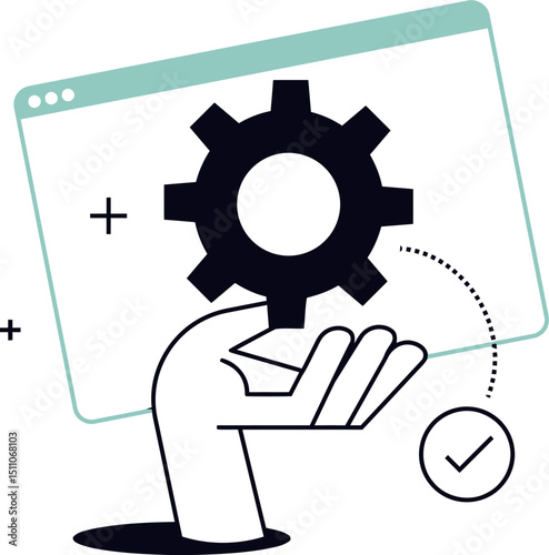 Hand holding settings window frame gear configuration development maintenance service support optimization vector art illustration
