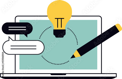 Laptop idea lightbulb communication creative design business strategy innovation solution concept pencil vector art illustration