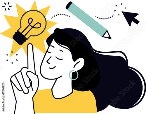 Woman idea lightbulb creative inspiration think innovation concept solution design brainstorm imagination 100 vector art illustration