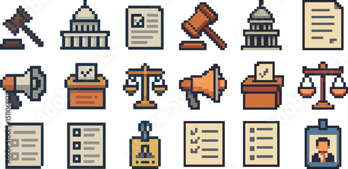 Retro pixel art legal and government icons for design projects