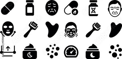 Skincare and medication icons for wellbeing and anti-aging concepts