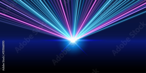 Blue and pink laser beams shine on 3D stage background. Abstract neon lights backdrop with space in front for placing or displaying products.