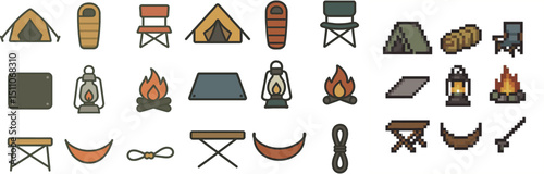 Camping icons: tents, lanterns, and outdoor essentials for adventure design