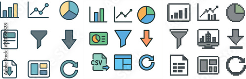Diverse data analysis icons collection for business and technology design