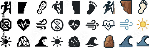 Diverse pixel art icons: fitness, nature, and weather elements for creative design