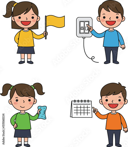 Children performing daily activities with colorful clothing and cheerful expressions vector illustration