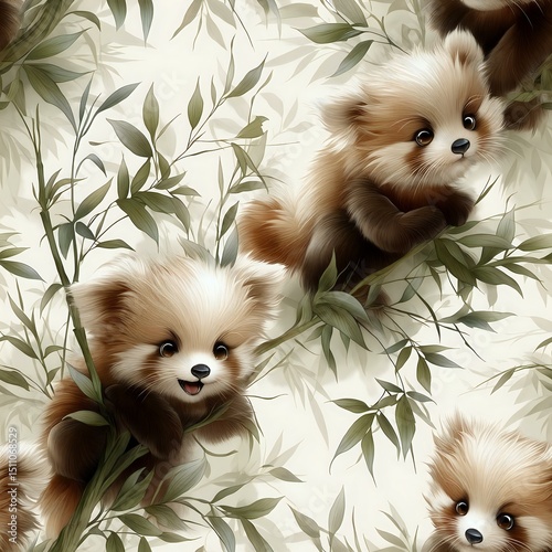 Wallpaper Mural Cute Adorable Soft Red Panda Cub on Green Bamboo Leaf Pattern Illustration Torontodigital.ca