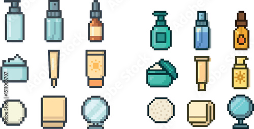 Pixel art style skincare products collection for design and decoration