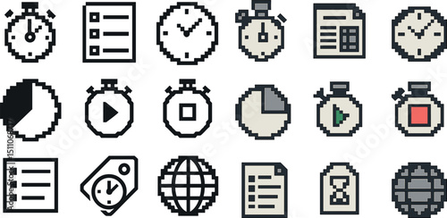 Retro pixel art icons for time management and organization projects