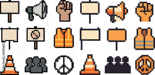 Retro pixel art protest icons for activism and advocacy design projects