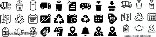 Waste collection optimization icons set for recycling and trash management
