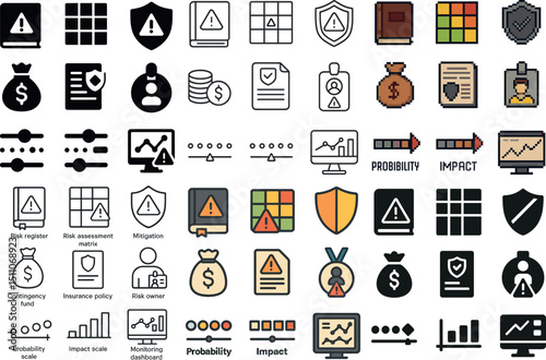 Risk management and assessment icons for analytical tools and strategies