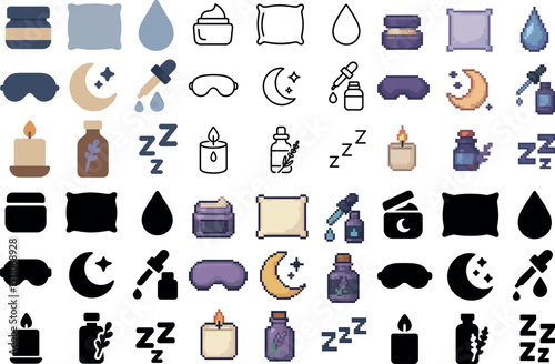 Nighttime relaxation icons for sleep and self-care designs