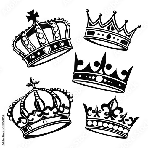 Collection of Five Elegant Crown Designs in Black and White Vector Art