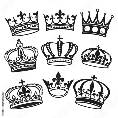 Collection of Black and White Crown Illustrations for Royalty and Design