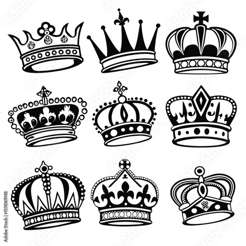 Collection of Nine Intricate Crown Designs in Black and White Vector Art